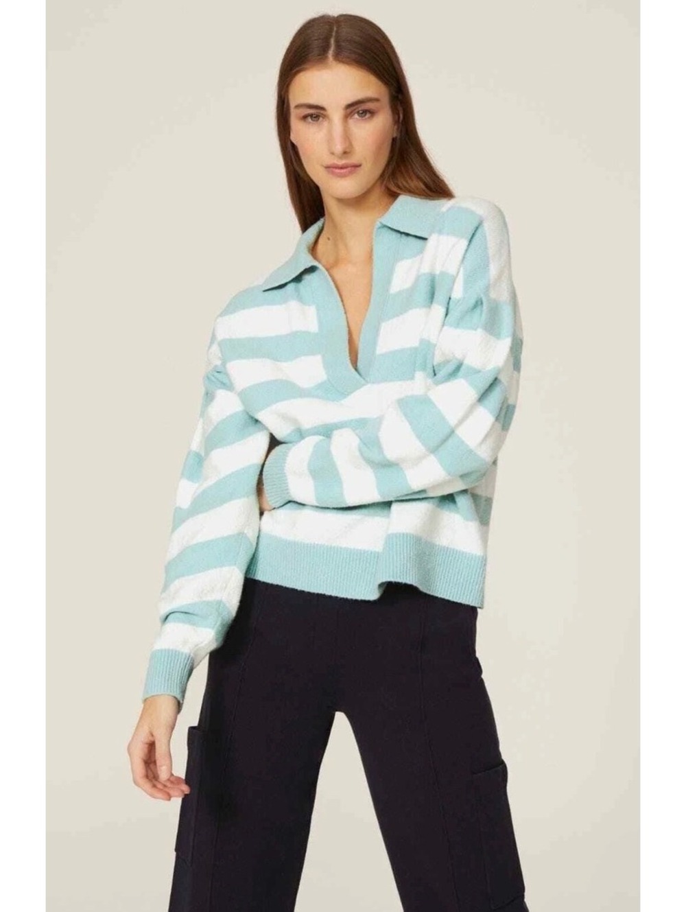 Tanya Taylor Maisie Striped Knit Collared V-Neck Pullover Relaxed Sweater XS